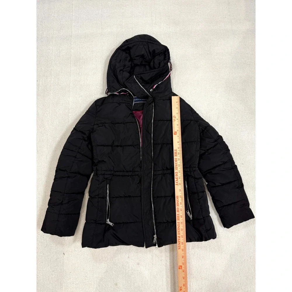 Tommy Hilfiger Puffer Jacket Womens Small Black Lined Hooded Logo Outdoor Zip Up